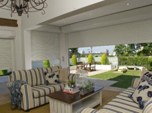 An image of roller shutters securing a patio.