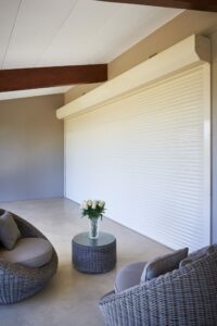 An image of a roller shutter in a lounge.