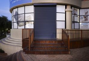 An image of roller shutters securing Samsung offices.